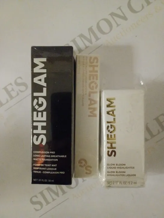 LOT OF 3 SHEGLAM PRODUCTS TO INCLUDE MATTE FOUNDATION 30ML, LIQUID HIGHLIGHTER 5.2ML AND MATTE ALLURE LIQUID LIPSTICK 