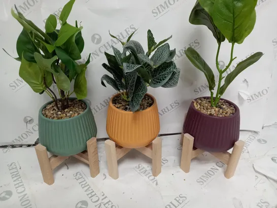 SET OF 3 ARTIFICIAL POTTED FLOWERS ON WOODEN STANDS