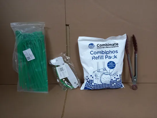 BOX OF APPROXIMATELY 20 ASSORTED ITEMS TO INCLUDE - CABLE TIE , CAOMBIPHOS REFILL PACK , KNIFE SHAPENER ETC