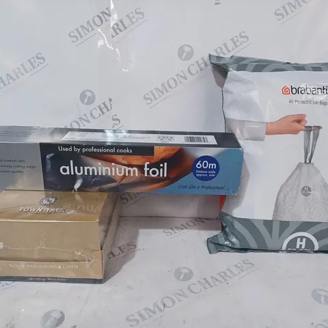 BOX OF APPROXIMATELY 20 ASSORTED HOUSEHOLD ITEMS TO INCLUDE BRABANTIA BIN BAGS, ALUMINIUM FOIL, GOLD POLISHING CLOTH, ETC