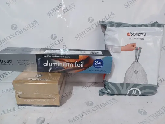 BOX OF APPROXIMATELY 20 ASSORTED HOUSEHOLD ITEMS TO INCLUDE BRABANTIA BIN BAGS, ALUMINIUM FOIL, GOLD POLISHING CLOTH, ETC