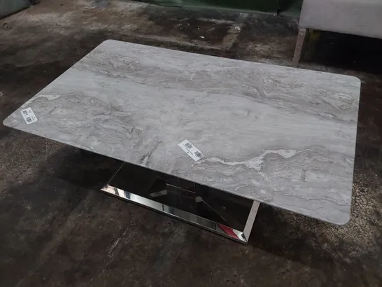 DESIGNER GREY MARBLE EFFECT RECTANGULAR COFFEE TABLE ON CHROMED PEDESTAL