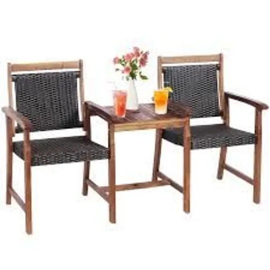 BOXED COSTWAY 2-SEAT PATIO RATTAN ACACIA WOOD TABLE WITH UMBRELLA HOLE