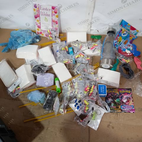 BOX OF A LARGE QUANTITY OF ASSORTED HOUSEHOLD ITEMS TO INCLUDE DESIGNER HAND TALLY COUNTER, POKEMON CARDS, EASTER WISHES CARD ETC