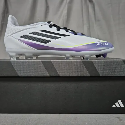 BOXED PAIR OF ADIDAS F50 LEAGUE FG/MG KID'S MESSI FOOTBALL BOOTS IN WHITE/PURPLE/BLACK UK SIZE 2