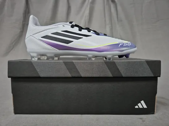 BOXED PAIR OF ADIDAS F50 LEAGUE FG/MG KID'S MESSI FOOTBALL BOOTS IN WHITE/PURPLE/BLACK UK SIZE 2