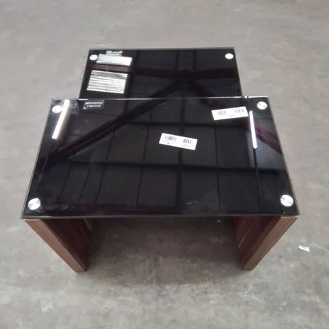 BLACK GLASS OAK EFFECT LEGS QUALITY MADE NEST OF 2 SIDE TABLES