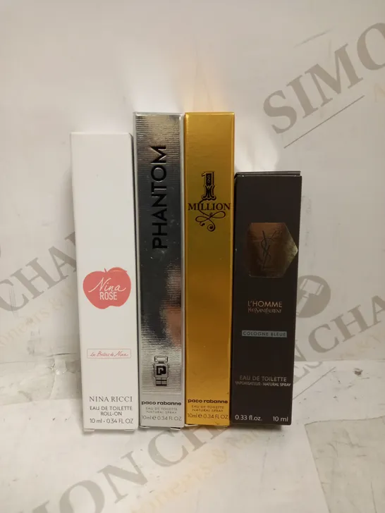 LOT OF 4 ASSORTED FRAGRANCES TO INCLUDE NINA RICCI NINA ROSE 10ML, PACO RABANNE PHANTOM EDT 10ML, 1 MILLION EDT 10ML & YSL HOMME COLOGNE BLEUE EDT 10ML