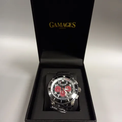 BOXED GAMAGES CONTEMPORARY SPORTS STEEL BLACK DIAL WATCH 