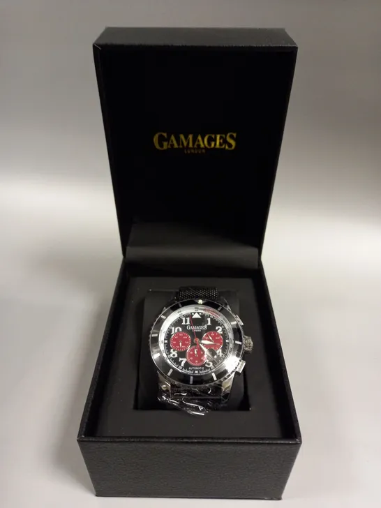 BOXED GAMAGES CONTEMPORARY SPORTS STEEL BLACK DIAL WATCH 