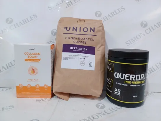 APPROXIMATELY 5 ASSORTED FOOD AND DRINK ITEMS TO INCLUDE OVERDRIVE PRE-WORKOUT IN SWEET LEMON FLAVOUR, UNION HAND-ROASTED COFFEE, ZOOKI COLLAGEN IN MANGO PEACH, ETC