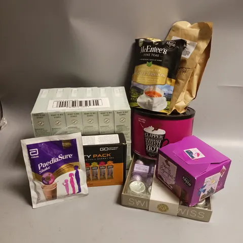 BOX OF APPROX 8 ASSORTED FOOD ITEMS TO INCLUDE - GREENS SCONE MIX - CLIPPER INSTANT HOT CHOCOLATE - MCENTEE'S LOOSE LEAF TEA ETC