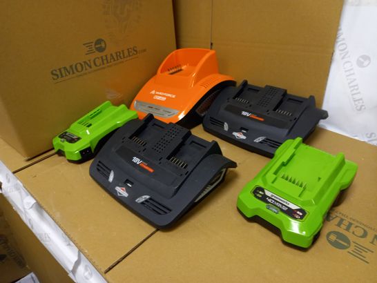 BOX OF APPROX 10 ASSORTED TOOL/LAWN MOWER CHARGING STATIONS TO INCLUDE: GREENWORKS, YARD FORCE, BRIGGS & STRATTON