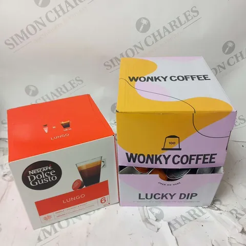 THREE BOXES OF NESCAFE DOLCE GUSTO LUNGO 16 PODS AND WONKY COFFEE LUCKY DIP 100 PODS