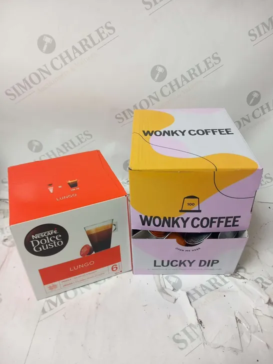 THREE BOXES OF NESCAFE DOLCE GUSTO LUNGO 16 PODS AND WONKY COFFEE LUCKY DIP 100 PODS