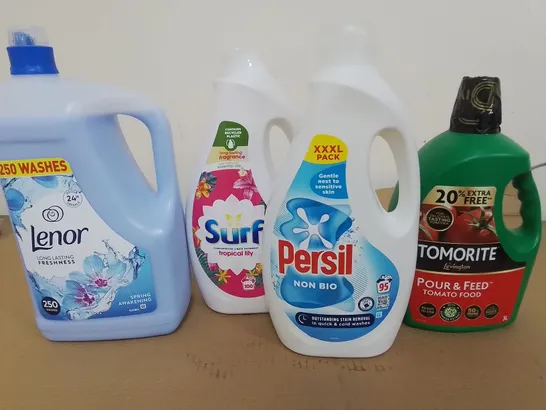 LOT OF 8 ASSORTED HOME LIQUID ITEMS TO INCLUDE PERSIL DETERGENT, TOMORITE TOMATO FOOD AND CHERRY AIR FRESHNER