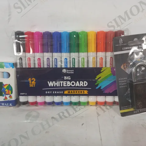 LOT OF APPROXIMATELY 15 ASSORTED HOUSEHOLD ITEMS TO INCLUDE COMBINATION PADLOCK, WHITEBOARD MARKERS, COLOUR CHALK PACK, ETC