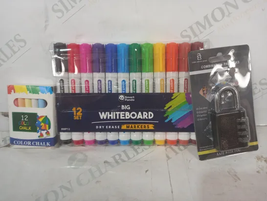 LOT OF APPROXIMATELY 15 ASSORTED HOUSEHOLD ITEMS TO INCLUDE COMBINATION PADLOCK, WHITEBOARD MARKERS, COLOUR CHALK PACK, ETC