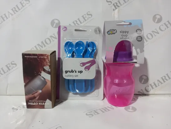 APPROXIMATELY 10 ASSORTED HOUSEHOLD ITEMS TO INCLUDE SIPPY CUP, GRUB'S UP CUTLERY SET, SHOWER FILTER REFILL CAPSULES, ETC