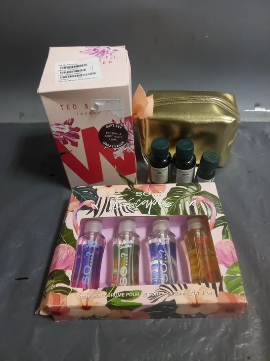 LOT OF 2 ASSORTED COSMETIC BOXSETS TO INCLUDE - TED BAKER WOMAN EAU DE TOILETTE SENT AND SO..? ESCAPES BODY MIST SET