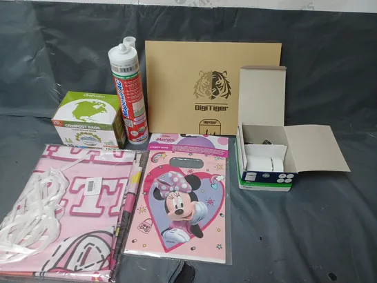 BOX OF APPROXIMATELY 20 ASSORTED HOUSEHOLD ITEMS TO INCLUDE RADIATOR THERMOSTAT, FOOD COMPOST LINERS AND MINNIE MOUSE PARTY BAGS 