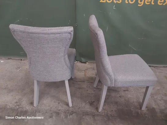 PAIR OF UPHOLSTERED BUTTONED BACK DINING CHAIRS GREY FABRIC ON GREY PAINTED LEGS 