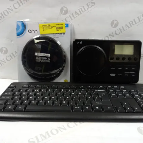 LOT OF APPROXIMATELY 12 PERIPHERALS AND ELECTRICALS TO INCLUDE ONN WIRELESS KEYBOARD, ONN CD PLAYER, ONN PORTABLE AM/FM RADIO