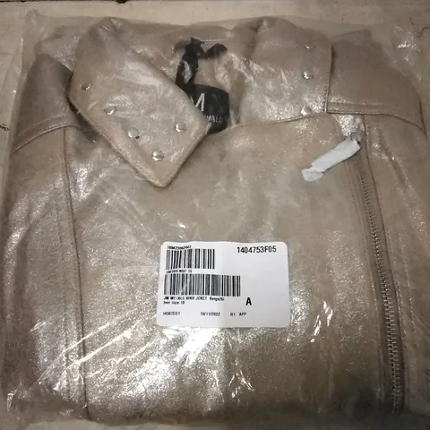 BOX OF APPROX 13 JULIEN MACDONALD BEIGE/SILVER BIKER JACKET - SIZE 10