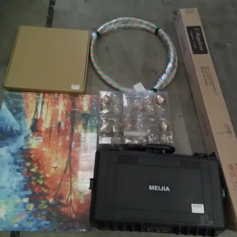 PALLET OF ASSORTED ITEMS INCLUDING MEIJA PROTECTIVE CASE, HULA HOOPS, CLEAR BAUBLE SET, C-HOPETREE PARASOL, WALL ART