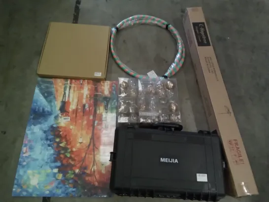 PALLET OF ASSORTED ITEMS INCLUDING MEIJA PROTECTIVE CASE, HULA HOOPS, CLEAR BAUBLE SET, C-HOPETREE PARASOL, WALL ART