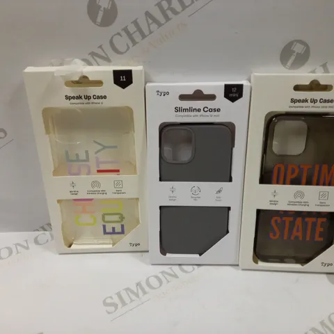 BOX OF APPROXIMATELY 50 TYPO PHONES CASES ('SLIMLINE CASE' & 'SPEAK UP CASE') FOR IPHONE 11, 12 MINI, 12/12PRO IN VARYING COLOURS