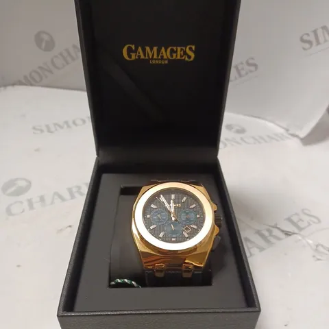 BOXED GAMAGES LONDON COMMANDER ROSE GOLD BLUE TEXTURED DIAL SILICONE STRAP WATCH 