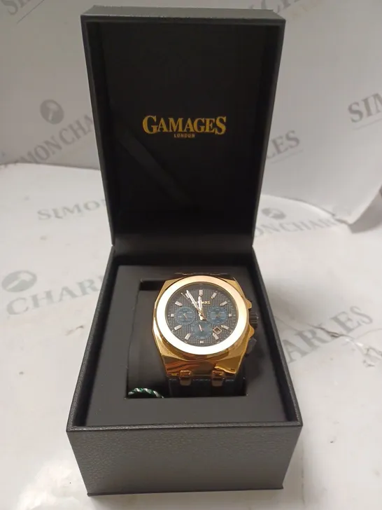 BOXED GAMAGES LONDON COMMANDER ROSE GOLD BLUE TEXTURED DIAL SILICONE STRAP WATCH 