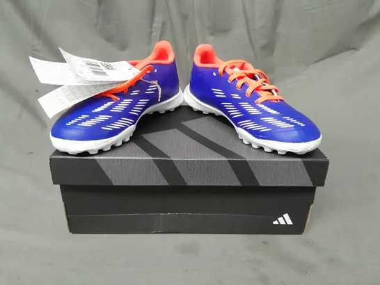 BOXED PAIR OF ADIDAS PREDATOR LEAGUE KID'S SHOES IN BLUE/WHITE/ORANGE UK SIZE 13.5