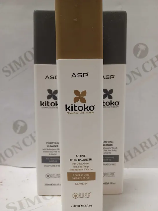 LOT OF APPROX 12 X 250ML ASSORTED A.S.P KITOKO PRODUCTS TO INCLUDE PURIFYING CLEANSERS & ACTIVE PH RE-BALANCER 