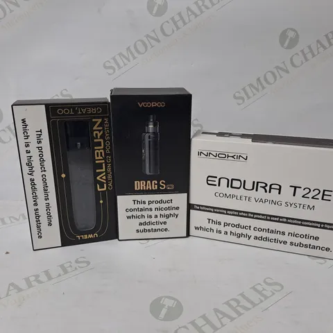 APPROXIMATELY 10 ASSORTED E-CIGARETTE PRODUCTS TO INCLUDE INNOKIN ENDURA T22E, VOOPOO DRAG S PRO, UWELL CALIBURN G2 POD SYSTEM 