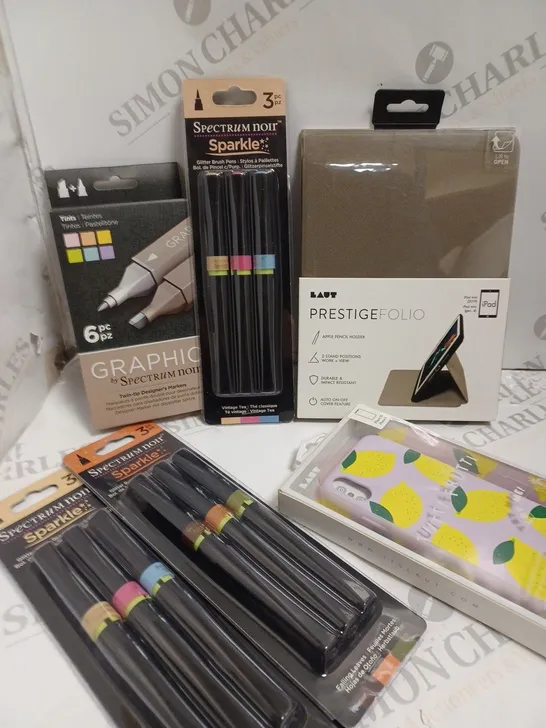 BOX OF APPROXIMATELY 20 ASSORTED ITEMS TO INCLUDE4 SPECTRUM NOIR PENS, PHONE CASE(IPHONE X), IPAD MINI CASE 