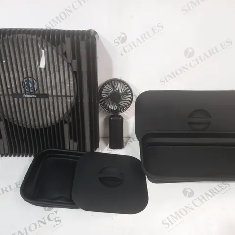 BOX OF 3 ASSORTED HOUSEHOLD ITEMS TO INCLUDE HANDHELD FAN, SILICONE STORAGE TRAYS IN BLACK, AND DC FAN
