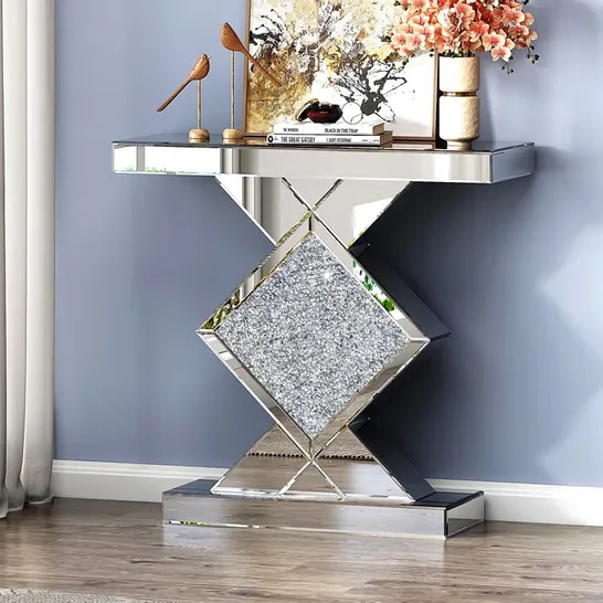 BOXED ANDREJA MIRRORED GLASS CONSOLE TABLE WITH CRUSHED DIAMOND INLAY