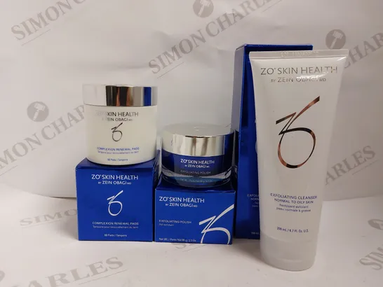 BOX OF 3 ZO SKIN HEALTH ITEMS TO INCLUDE EXFOLIATING CLEANSER, EXFOLIATING POLISH AND COMPLEXTION RENEWAL PADS