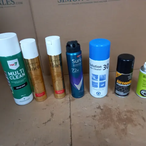 APPROXIMATELY 10 ASSORTED AEROSOLS TO INCLUDE TE MULTI CLEAN, LOREAL ELNETT, AND SOLUTION 30 LENS CLEANER ETC. 