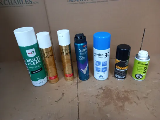 APPROXIMATELY 10 ASSORTED AEROSOLS TO INCLUDE TE MULTI CLEAN, LOREAL ELNETT, AND SOLUTION 30 LENS CLEANER ETC. 