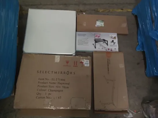 PALLET OF ASSORTED ITEMS INCLUDING SELECTMIRRORS HAYWOOD, MULTIFUNCTIONAL LAPTOP TABLE, TAOTRONICS LAPTOP STANDING DESK, FOLDOUT TABLE, DAVAON ANVIL LOPPER 