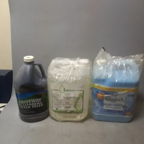 3 HOUSEHOLD ITEMS TO INCLUDE DRIVEWAY CRACK FILLER, LUBRISOLVE MIX, AND COMFORT BLUE SKIES FABRIC CONDITIONER 