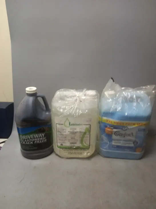 3 HOUSEHOLD ITEMS TO INCLUDE DRIVEWAY CRACK FILLER, LUBRISOLVE MIX, AND COMFORT BLUE SKIES FABRIC CONDITIONER 