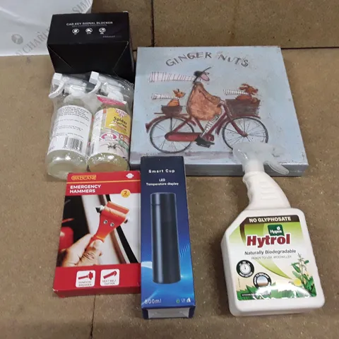 BOX CONTAINING ASSORTED ITEMS INCLUDING CAR KEY SIGNAL BLOCKER, SPIDER REPELLENT, GINGER NUTS WALL DECOR, EMERGENCY HAMMERS, LED TEMPERATURE DISPLAY, WEEDKILLER