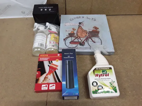 BOX CONTAINING ASSORTED ITEMS INCLUDING CAR KEY SIGNAL BLOCKER, SPIDER REPELLENT, GINGER NUTS WALL DECOR, EMERGENCY HAMMERS, LED TEMPERATURE DISPLAY, WEEDKILLER