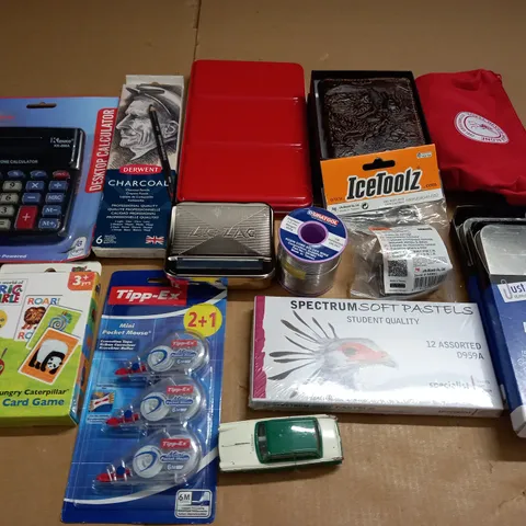 LO TOF ASSORTED HOUSEHOLD ITEMS TO INCLUDE DERWENT CHARCOAL PENCILS, DRAGON THEMED WALLET AND TIPP-EX