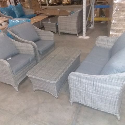GREY WOVEN GARDEN SET TO INCLUDE: TWO SEATER, TWO ARMCHAIRS AND GLASS-TOPPED COFFEE TABLE 