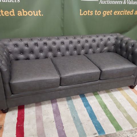 DESIGNER GREY LEATHER TREE SEATER CHESTERFIELD SOFA 